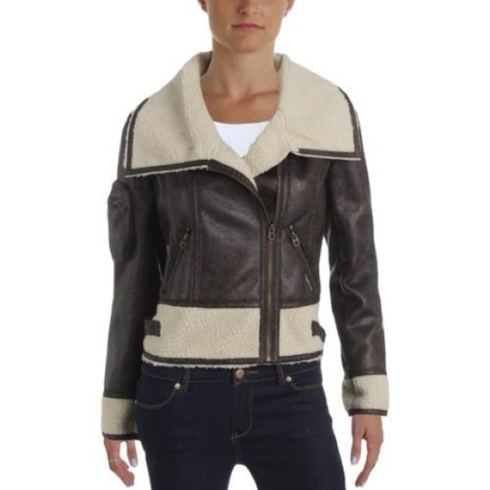 MO X Members Only Brown Faux Suede & Faux Fur Zip Motorcycle coat/Jacketsize xs
